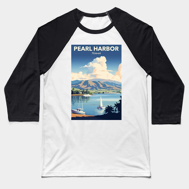 Pearl Harbour Travel Poster Baseball T-Shirt by GreenMary Design